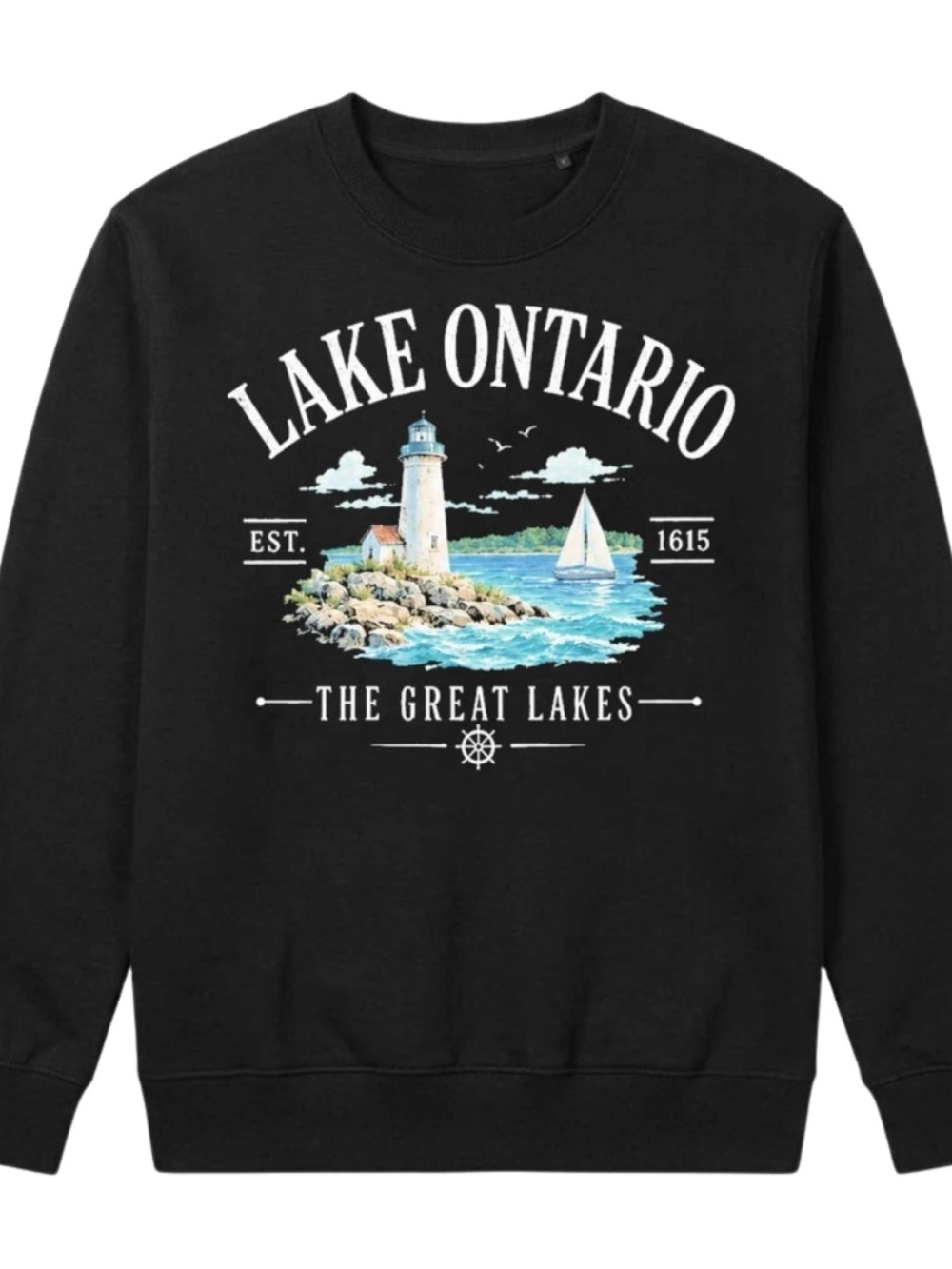 Lake Ontario Black Graphic Crewneck Sweatshirt - Vintage For Unisex